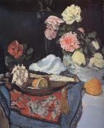 Fruit and Flowers on a Draped Table George Leslie